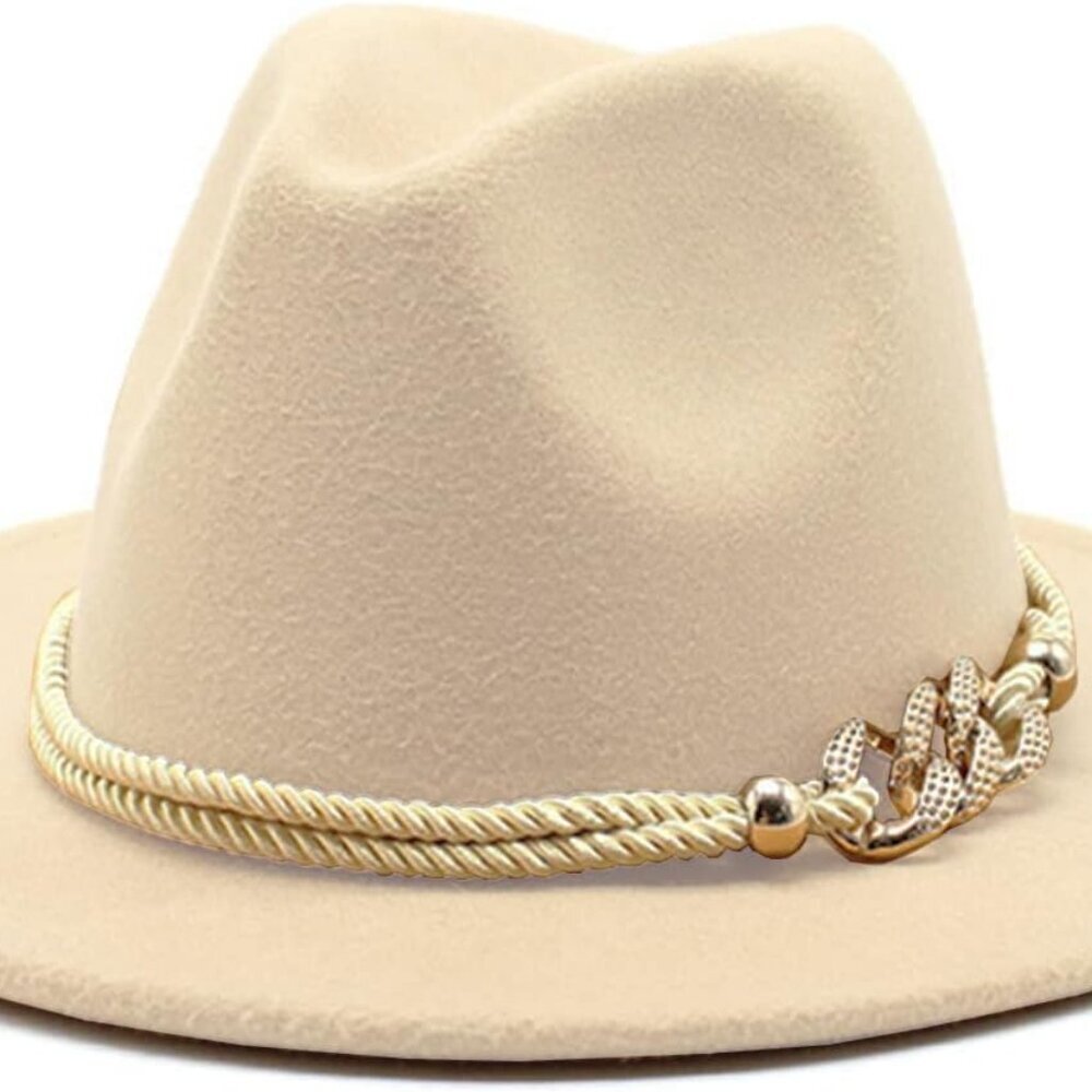 Lady Fashion Wide Brim Felt Fedora Panama Hat with Ring Belt